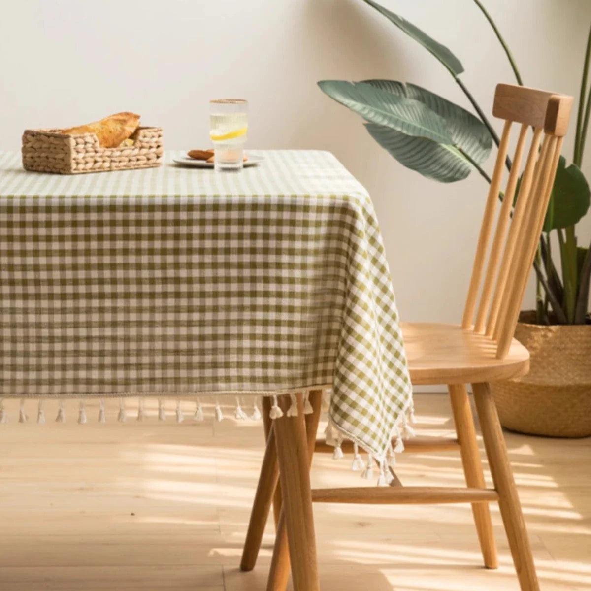Mint Checkered Tablecloth with Tassels