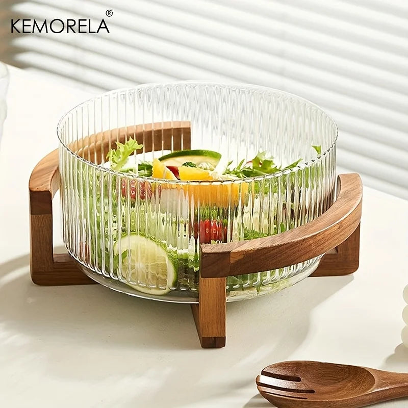 Elegant Glass Bowl with Wooden Stand