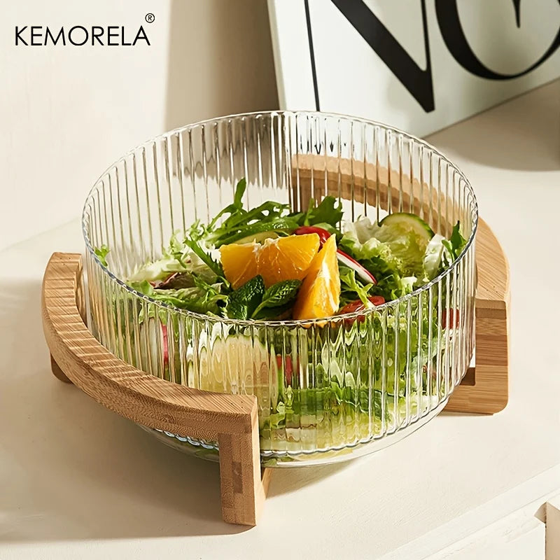 Elegant Glass Bowl with Wooden Stand