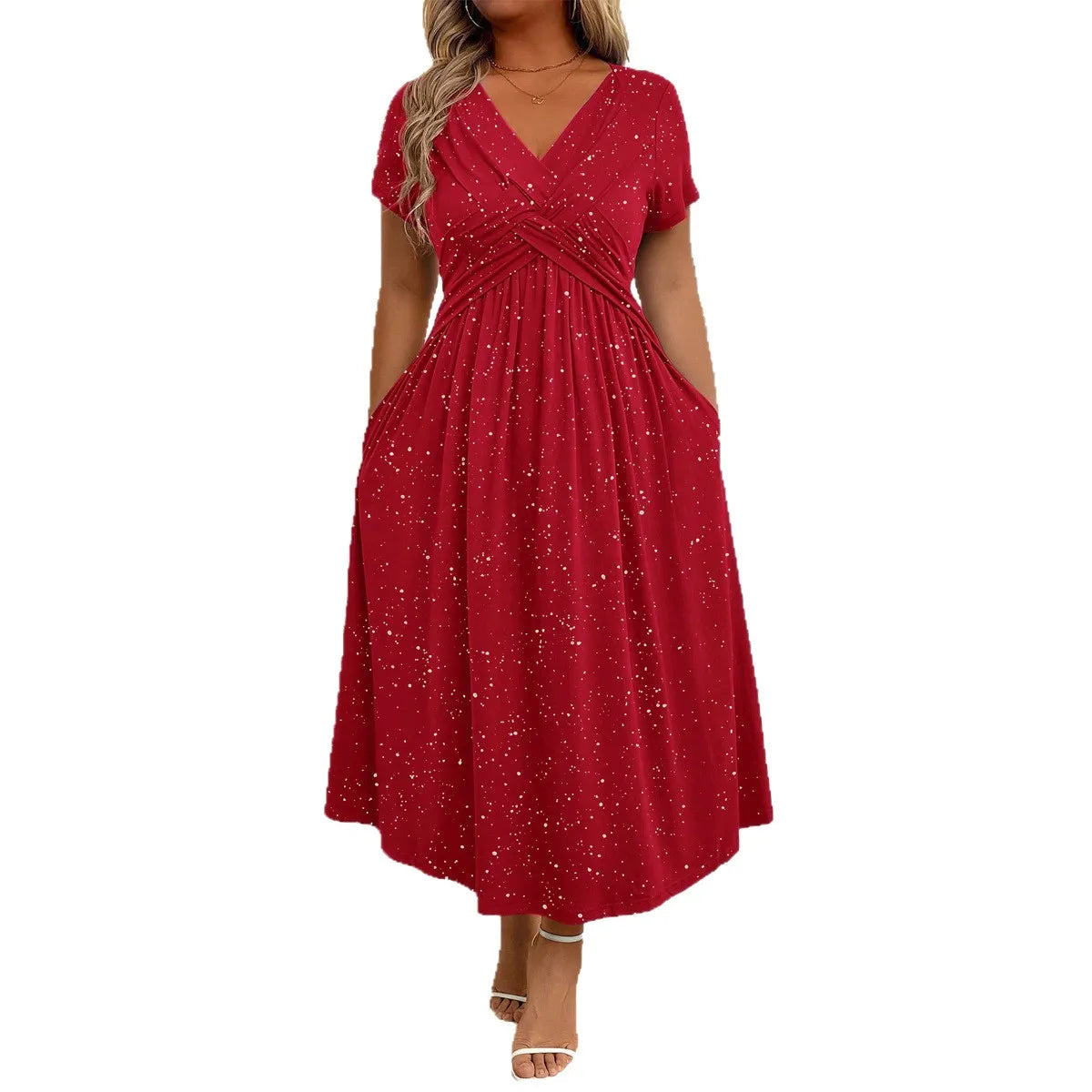 Vestido Midi Estampado com Decote V e Cintura Marcada