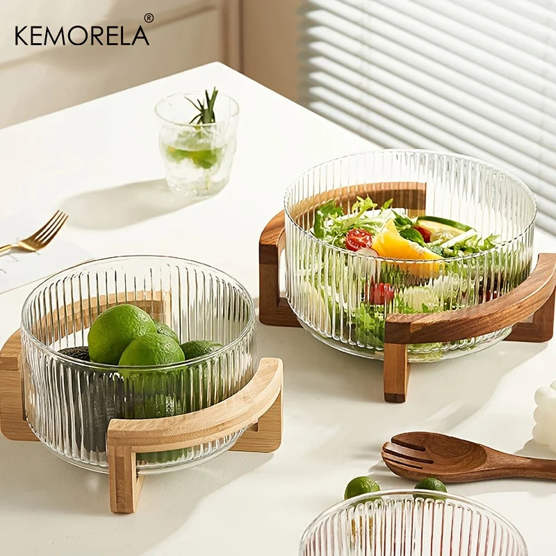 Elegant Glass Bowl with Wooden Stand